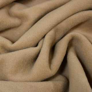 Close up of a double faced brown felt fabric, detailing the drape and surface shine.